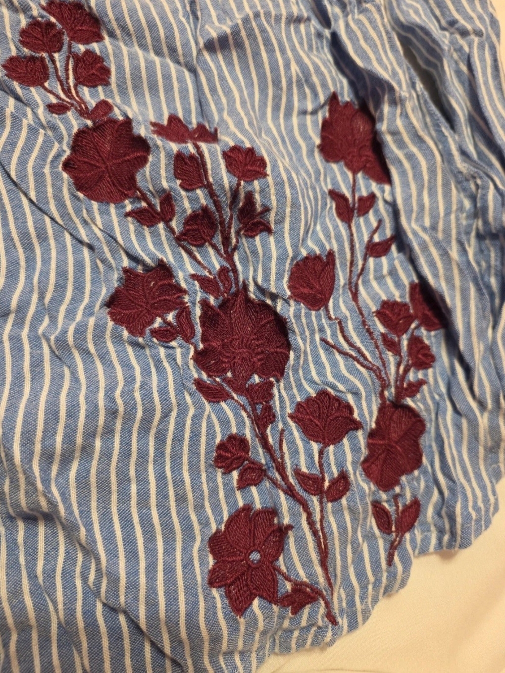 MATERNITY Striped Blue Cold-Shoulder Floral Embroidered Women’s Top - Picture 2 of 2